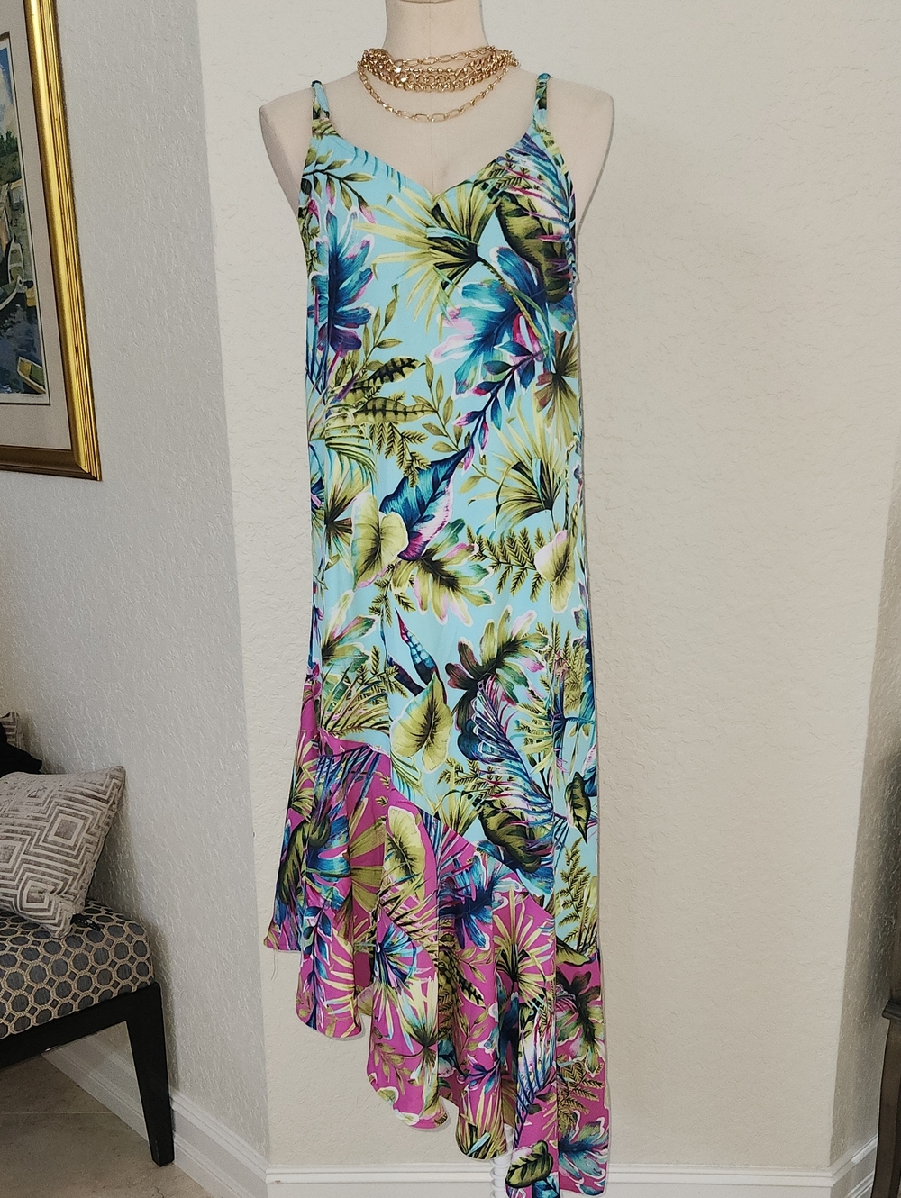 Tommy Bahama Aqua Tropical Print Asymmetrical Slip Dress